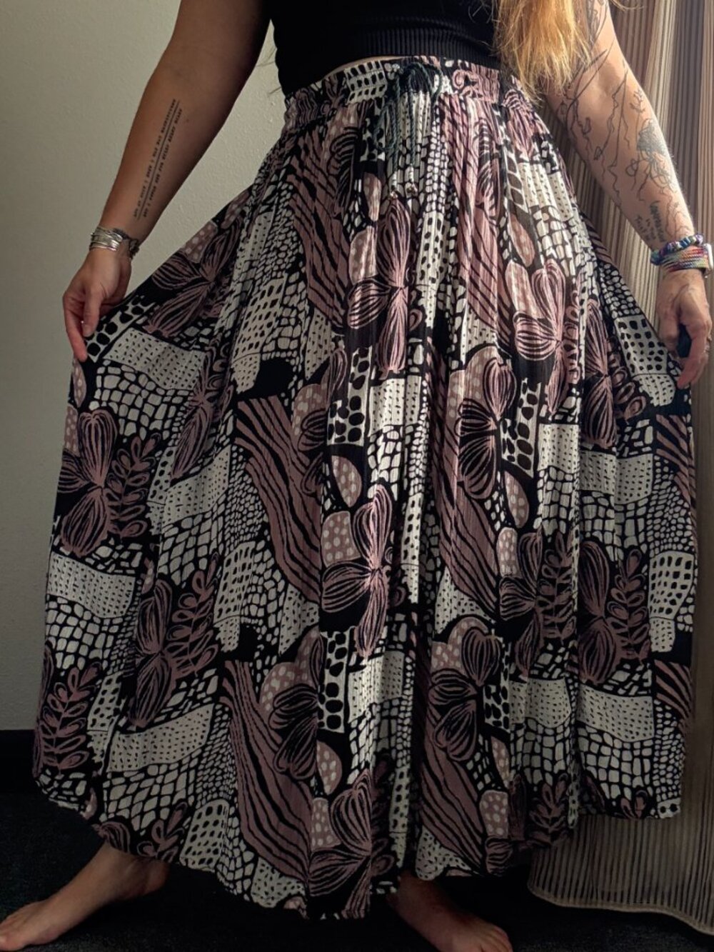 Vintage 90s Polka Dot Printed Broomstick Skirt Floral Op Art Elastic Waist L/XL